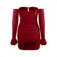 thumbnail image 4 of Youyipin womens dresses Womens Sexy Off Shoulder Bodycon Mini Dress Long Sleeve Halter Ruched Slinky Party Club summer dresses for women 2025, 4 of 9