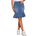thumbnail image 1 of Falda de mezclilla ajustada con volantes en la parte inferior, de longitud a la rodilla, para mujer, XS, azul claro, 1 of 6