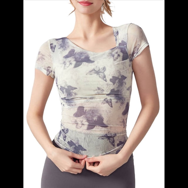 Blusas Ajustadas de Corta con Frunces y Estampado Floral de Cuello Asimétrico para Mujer M