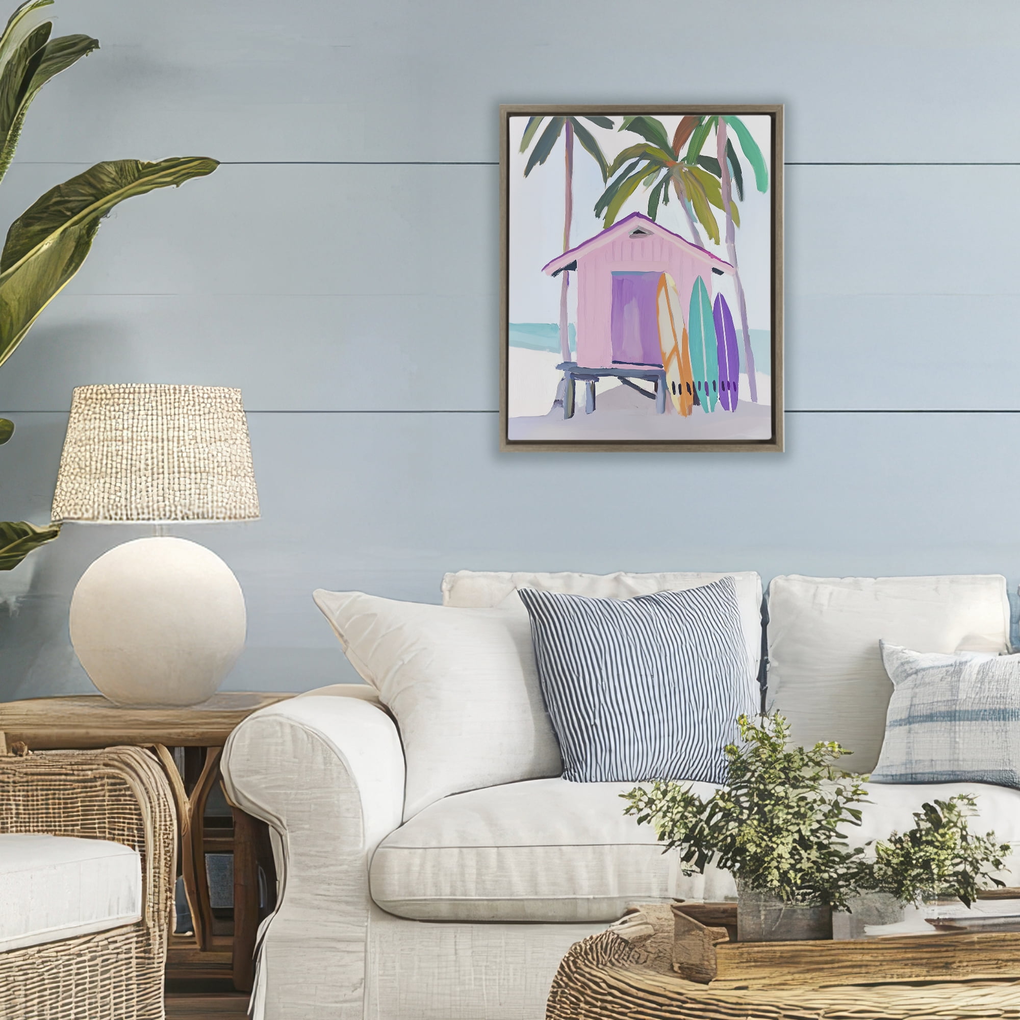 Stupell Industries Pink Beach Hut with Surfboards Brown Framed Floater Canvas Wall Art, design by Sisi and Seb