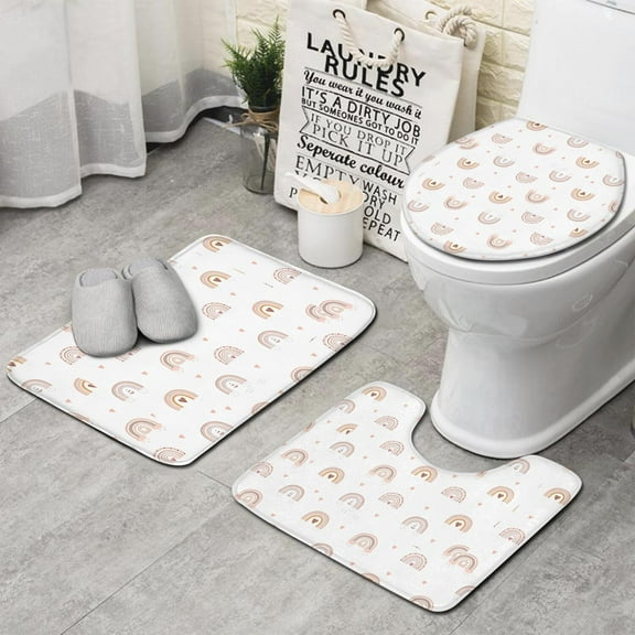 White Boho Bohemia Rainbow Hearts Pattern Bathroom Rugs Sets 3 Piece,Toilet Cover Set,Absorbent Non Slip Bathroom Mats Sets with U-Shaped Contour Rug Toilet Rug Set
