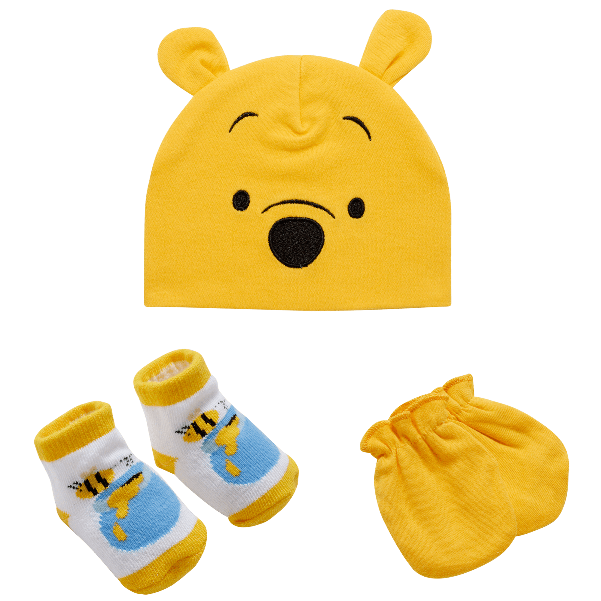 Disney Newborn Baby Boys’ Take Me Home Layette Gift Set: 3D Ear Hat, Socks and Mitten: Mickey Mouse, Winnie The Pooh