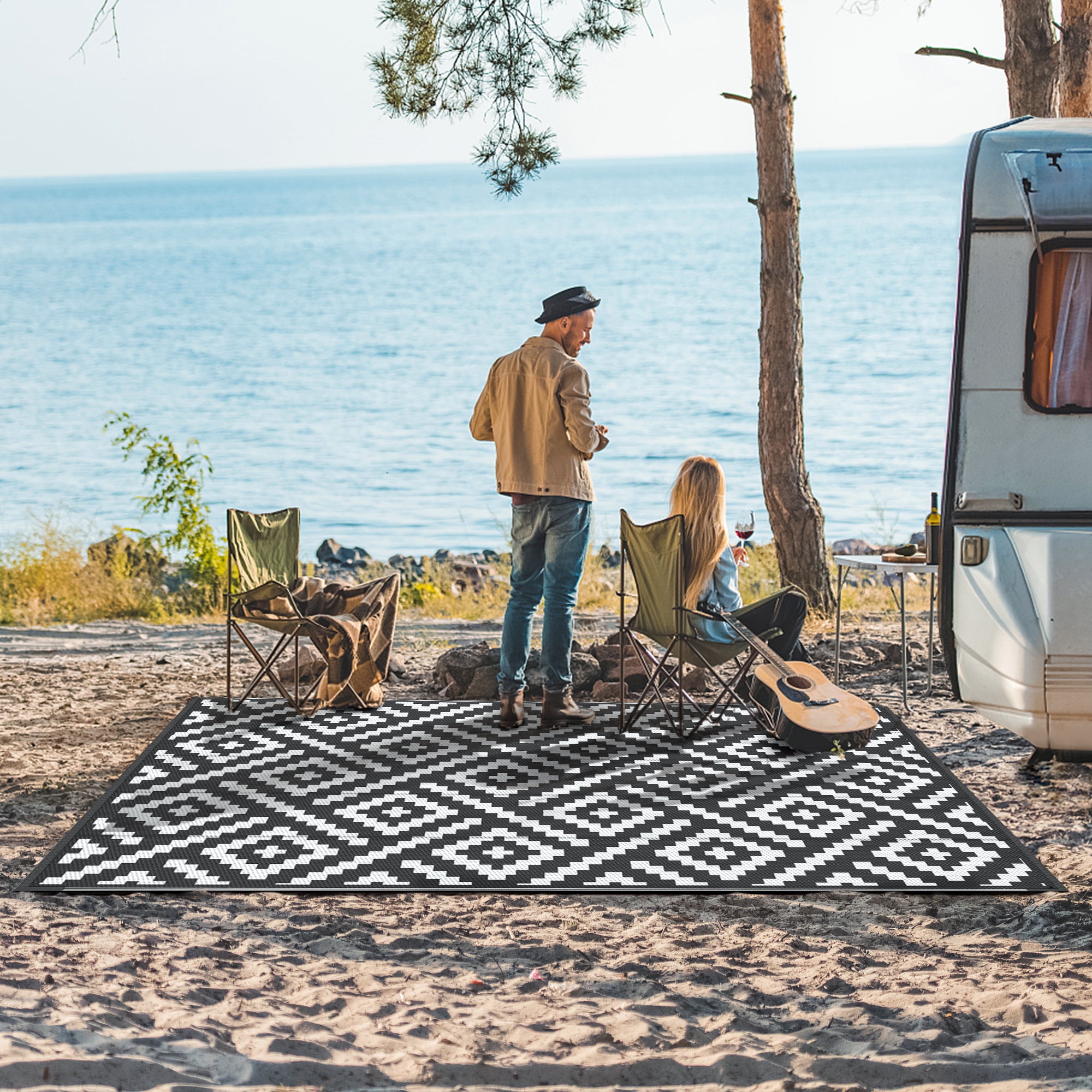 DEORAB 6'x9' Outdoor Rug for Patio Clearance,Reversible Straw Plastic  Waterproof Area Rugs,Clearance Mat,Rv,Camping,Black & Gray