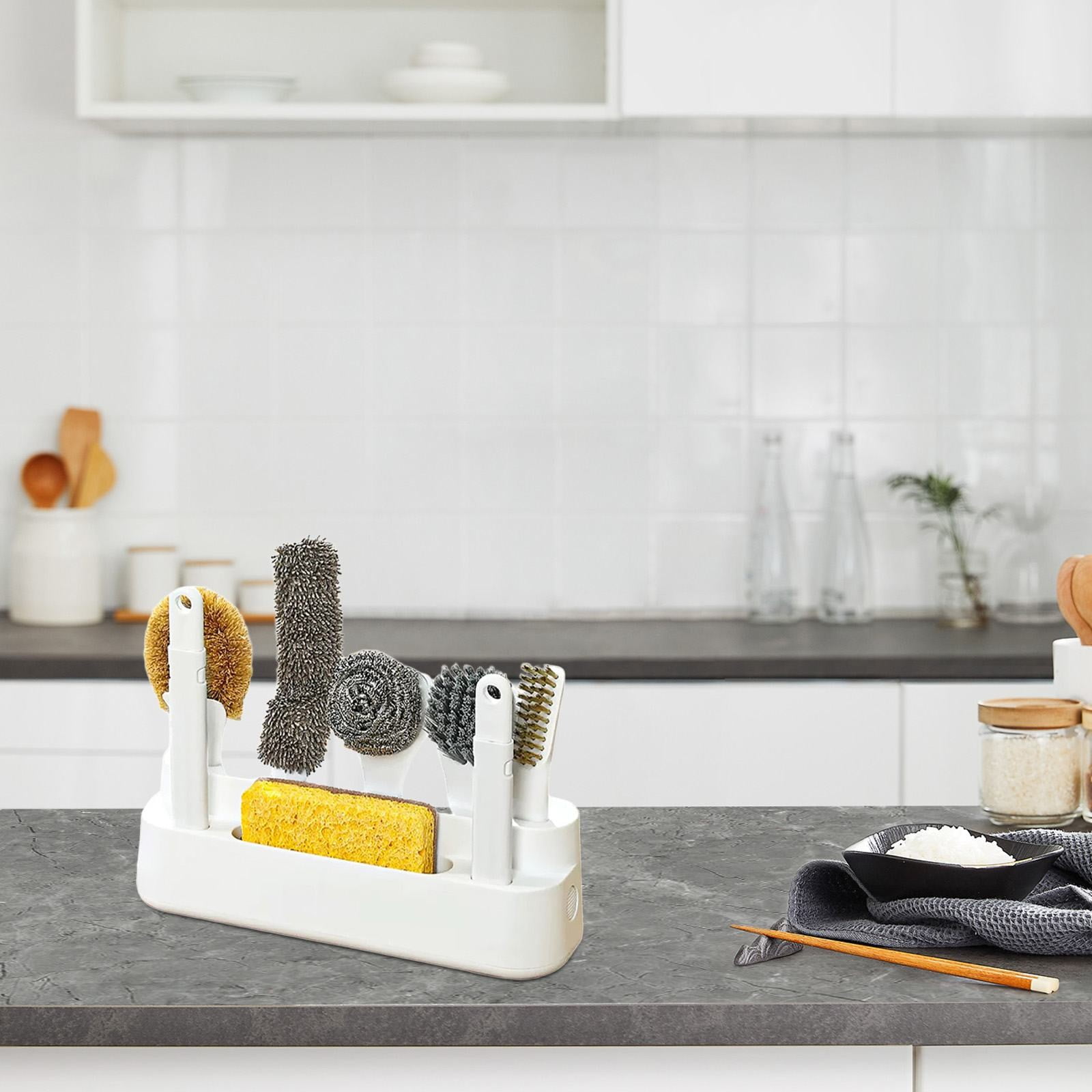 Dish Brush Set Of 6 With Holder, Kitchen Counter Cleaning Brush Set,Easy Storage,Kitchen Scrub Brushes With Non-Slip Long Handle For Cleaning, Scrubber, Dishwashing, Dishes, Bottles, Cups, Pots,White