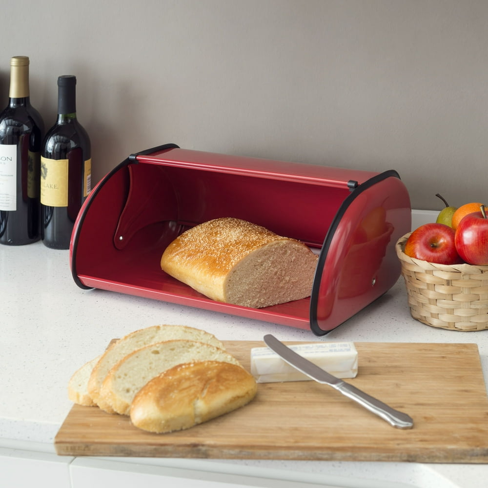Roll Top Lid Steel Bread Box, Red