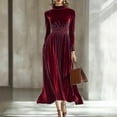 thumbnail image 2 of Womens Velvet Long Sleeve Maxi Dress - Turtleneck Tunic Solid Color Elegant Wedding Guest Party Cocktail Evening Party, 2 of 6