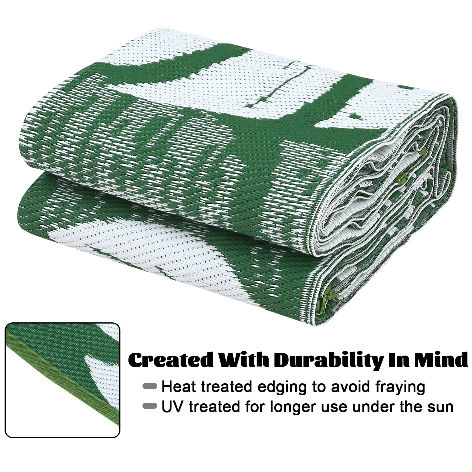 HOMERRY Geometric Leaf Outdoor Rug Straw Plastic Area Rug for Balcony Pool RV Waterproof Reversible Carpet, Green, 9'x 12'