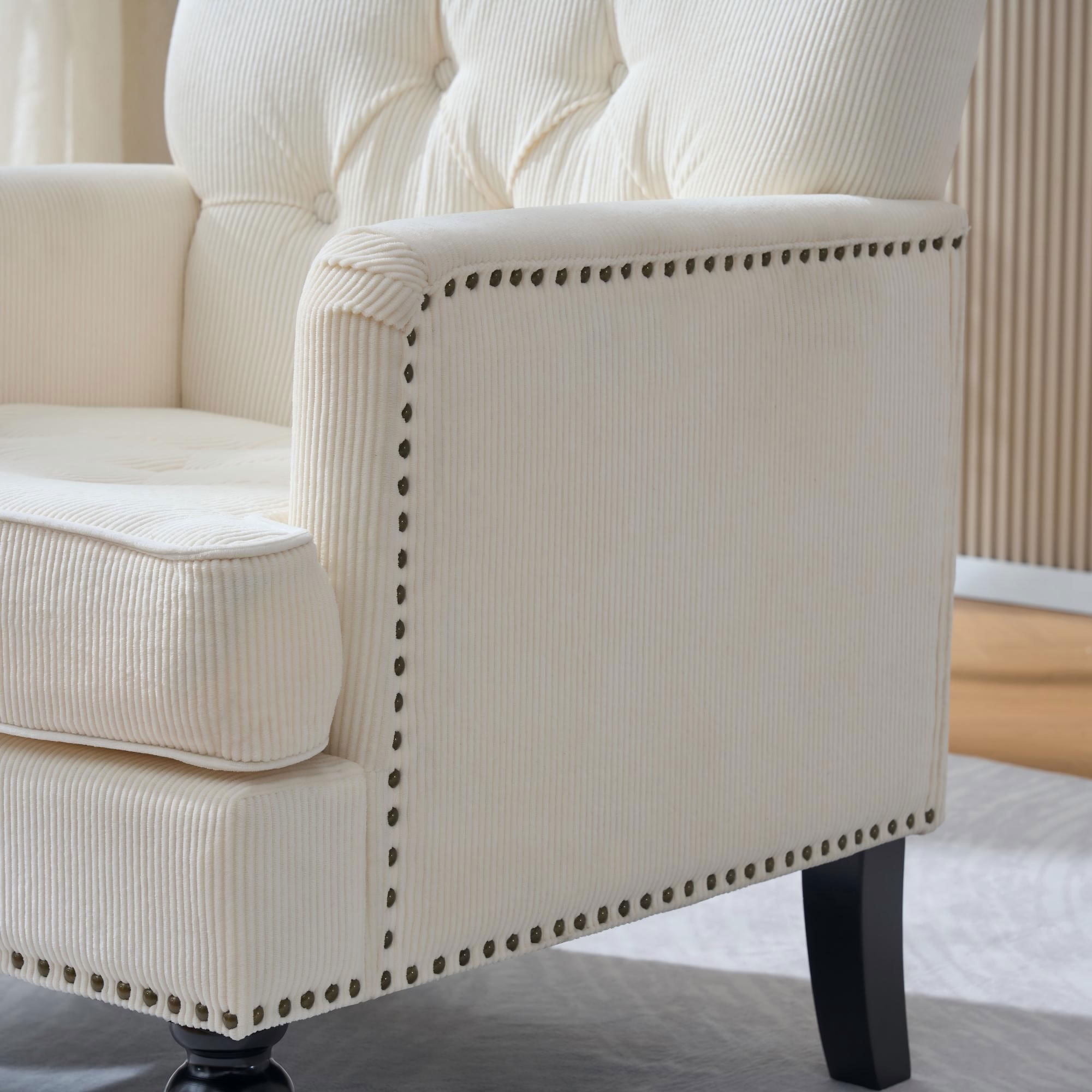 MAYEERTY Tufted Corduroy Accent Chair, Mid Century Upholstered Armchair with Rubber Wood Legs, for Living Room Bedroom Reading Nook