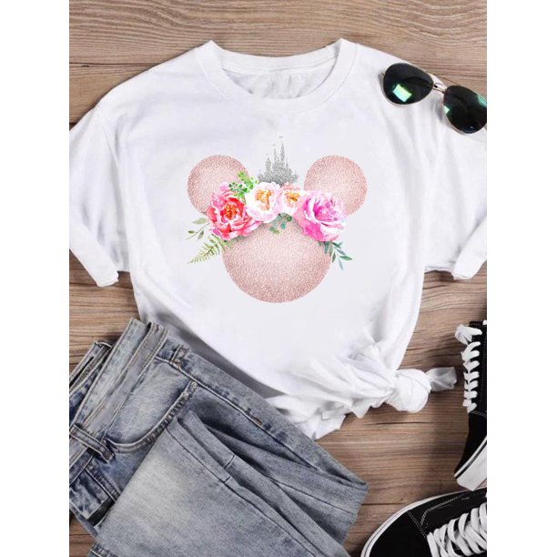 Disney Leopard Fashion Women Cartoon Print Clothing Bow Mickey Mouse Tee Shirt Casual Love Graphic Short Sleeve T-shirts4XL Gao Jinjia LED