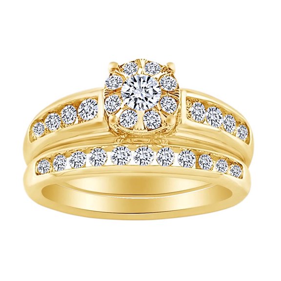 AFFY Round Cut White Natural Diamond Cluster Bridal Ring Set In 10K Solid Yellow Gold (1 cttw)-4