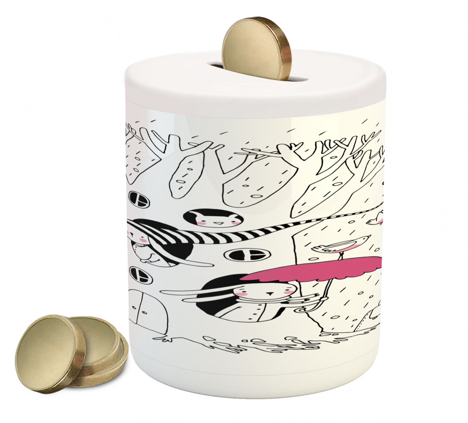 Magic Piggy Bank, Minimalist Habitat Drawing with Rabbits Tree Hole ...