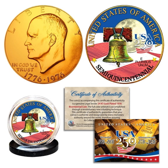 1776–2026 America's 250th Anniversary Anniversary 1976 Bicentennial 24K Gold JFK Half Dollar Coin