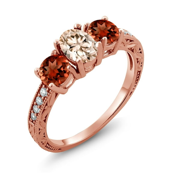 Gem Stone King 2.77 Ct Oval Peach Morganite Red Garnet 18K Rose Gold Plated Silver Moissanite Ring (Size 5)