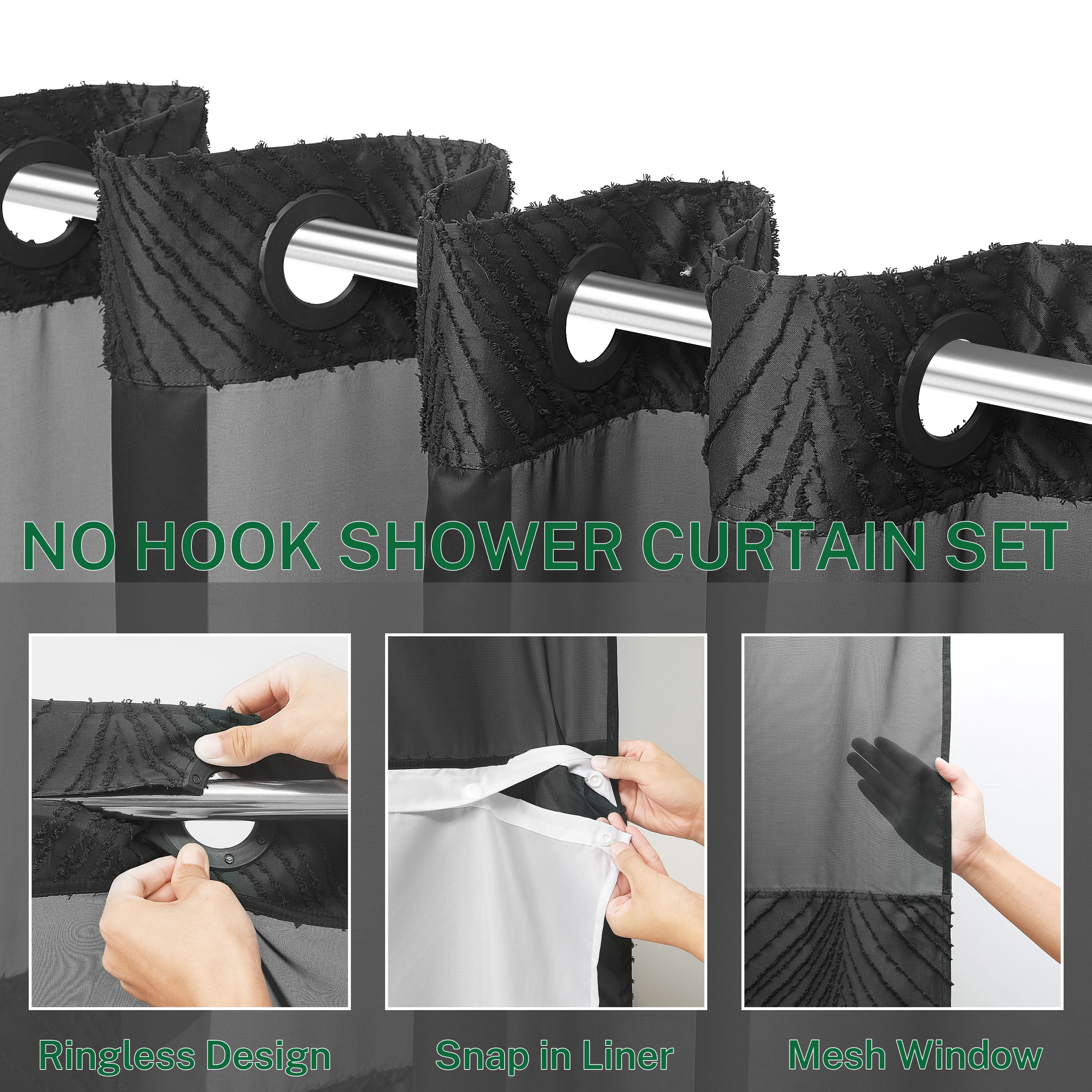 Siiluminisoy Black Hookless Shower Curtain with Snap in Liner, Boho Tufted Geometric Striped Design Fabric No Hook Waterproof Mesh Window Bathroom Curtain, 71"X 86"