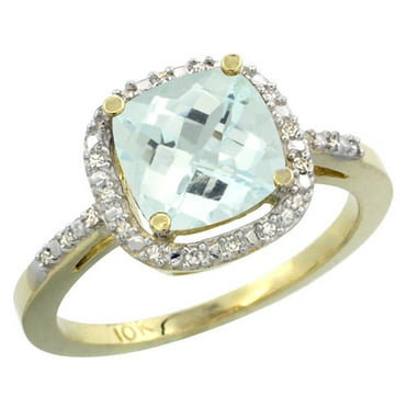 14K Yellow Gold Natural Aquamarine Ring Cushion-cut 8x8mm Diamond Accent, size 5