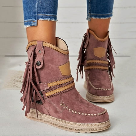 

Christmas Vintage Women Fringed Western Cowboy Boots Fashion Solid Color Slip On Boots Outdoor Heel Booties Shoes
