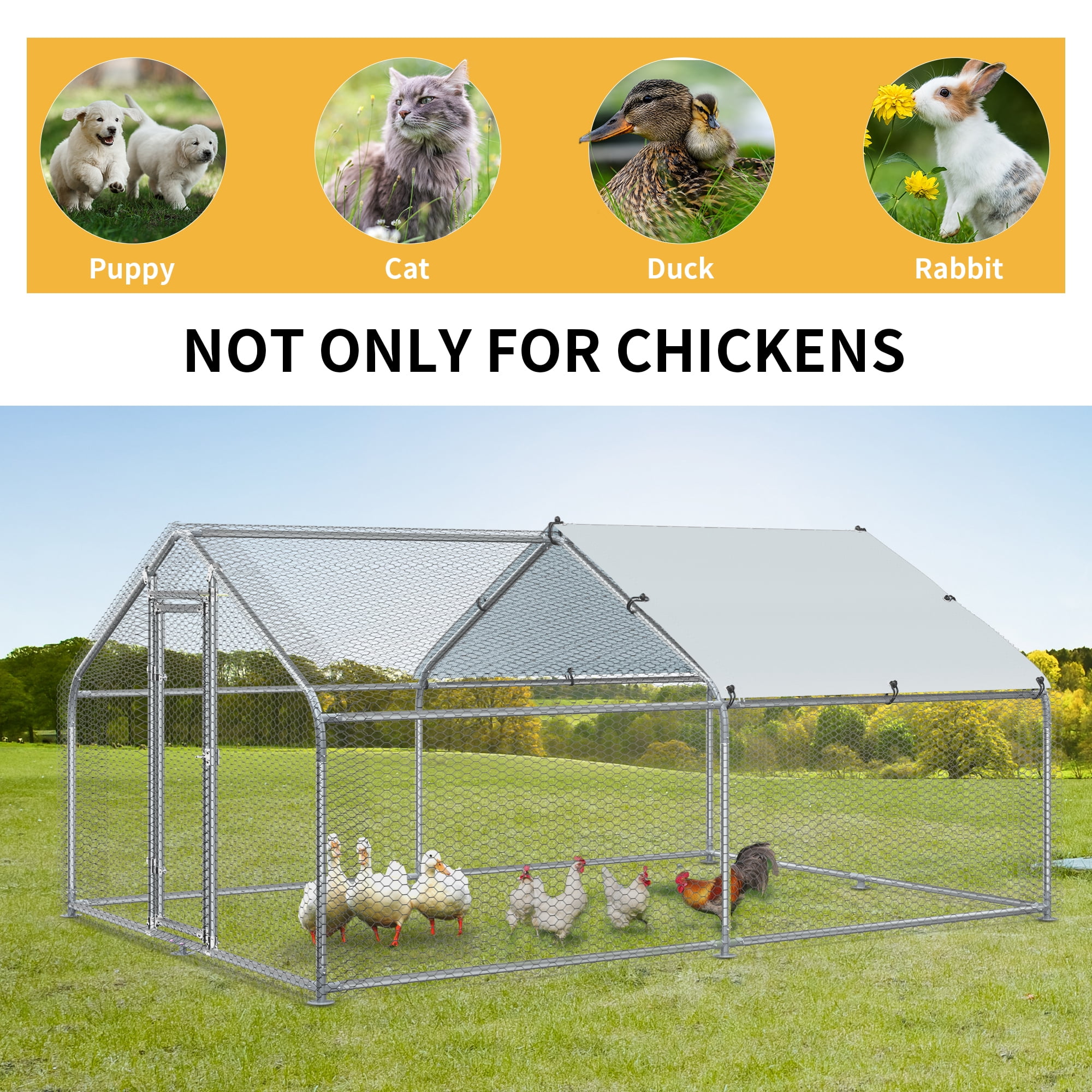 Dextrus 125 Sq.Ft Large Metal Chicken Coop, Walk in Poultry Cage Chicken Run with Waterproof and Anti-Ultraviolet Cover for Outdoor Backyard Farm,Silver