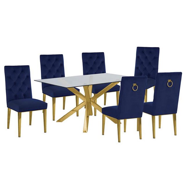 63" x 39" Rectangulaire Verre Clair 7pc Ensemble Repas en Acier Inoxydable Doré