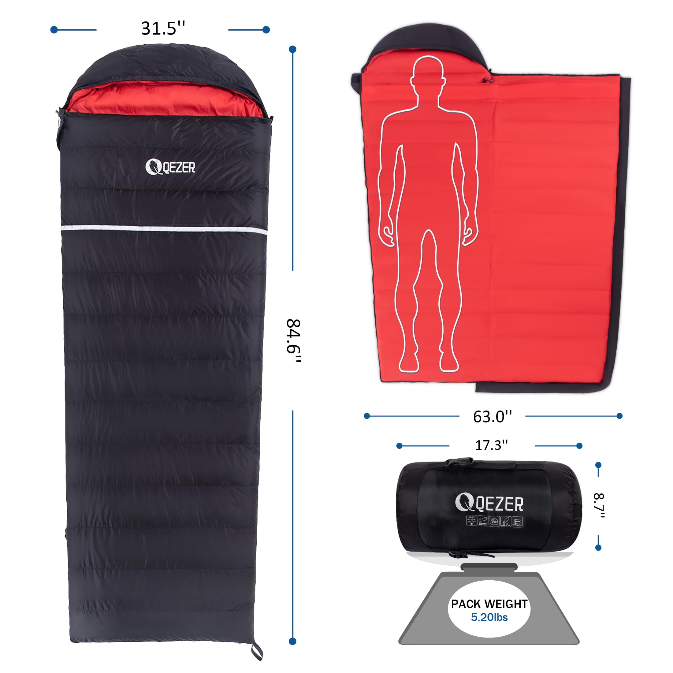 QEZER 0°F Extreme Cold Weather Sleeping Bag, Lightweight Down for Adults & Teens, for Camping, Hiking, Hunting with Compression Sack