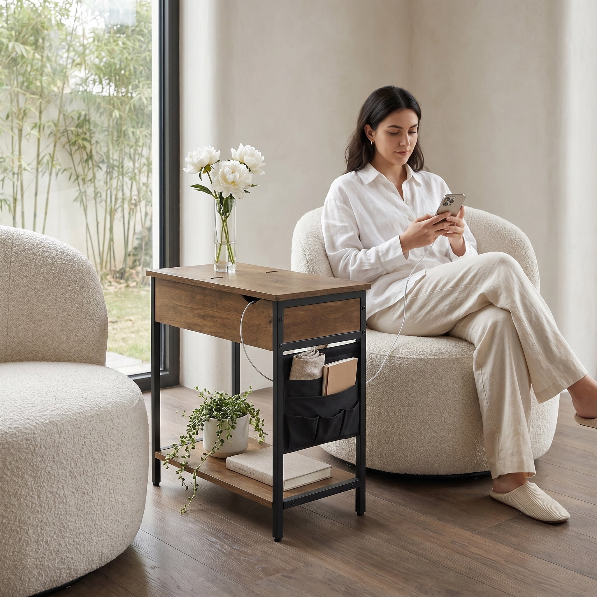 Rustic Walnut and Black Industrial Side Table with Built-In Charging Station, USB Ports, and Side Fabric Storage Pockets