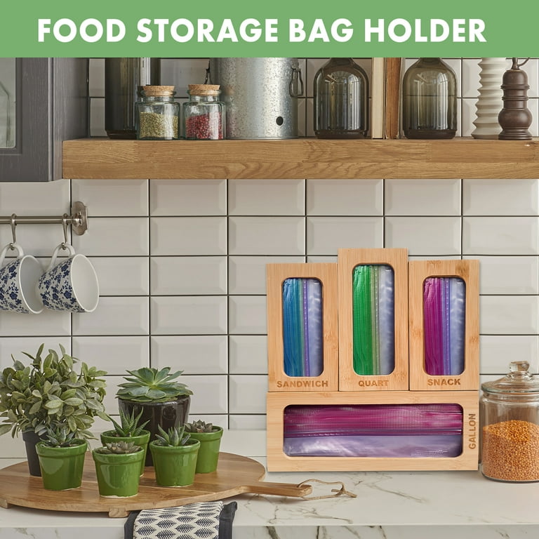 Ziplock Bag Bamboo Storage Organizer for Kitchen Drawer Wooden Dispenser  Food Storage Bag Holder Baggie Organizer Compatible with Gallon Quart  Sandwich and Snack Plastic Variety Size Bags By Dharmagic 