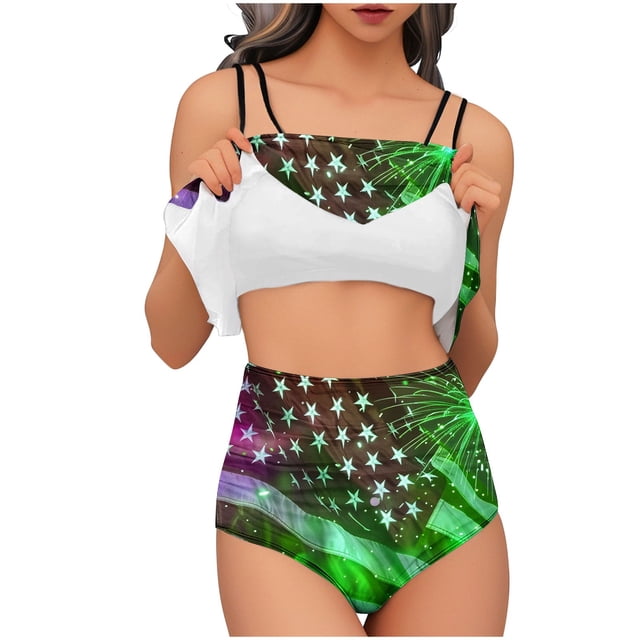 Trajes de Baño de Bikini de Mujer Conjunto de Cintura Alta de Vendaje de Impresión Sexy con Almohadillas de Pecho, Conjunto de Bikini de Mujer Conservador Y sin Mangas