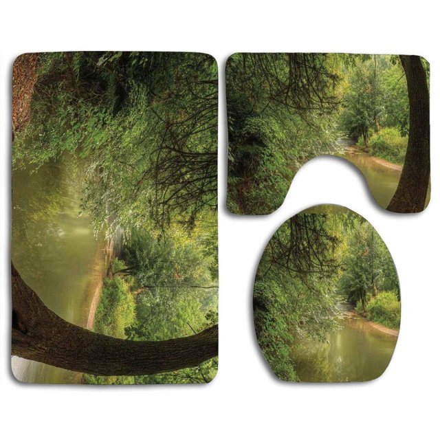 ABPHQTO Naturaleza Bosque Encantado Vista Árboles Crecimiento Eco Groenlandia Verano Sereno Paisaje Juego de alfombras de baño de 3 piezas Alfombra de baño Alfombra de contorno y tapa de inodoro