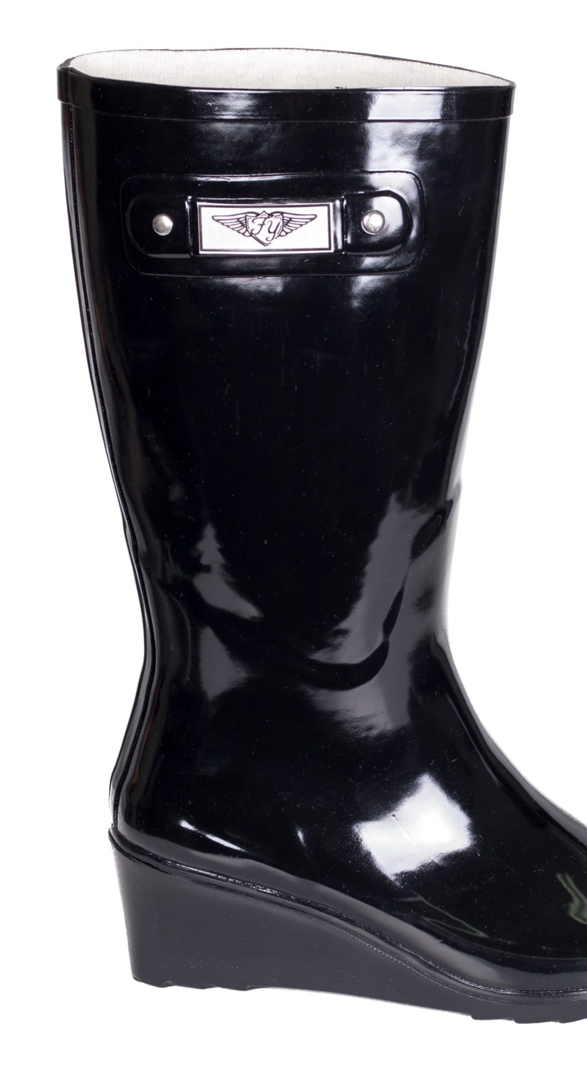 Women Black Rubber Rain Boots, Wedge Heel Design w/ Cotton Lining
