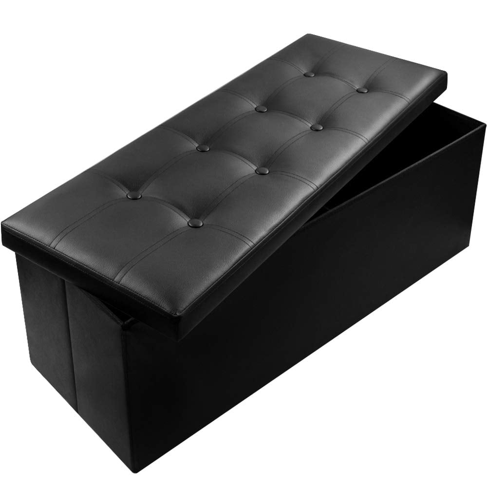 43 Faux Leather Folding Storage, Leather Storage Ottoman Bench Black