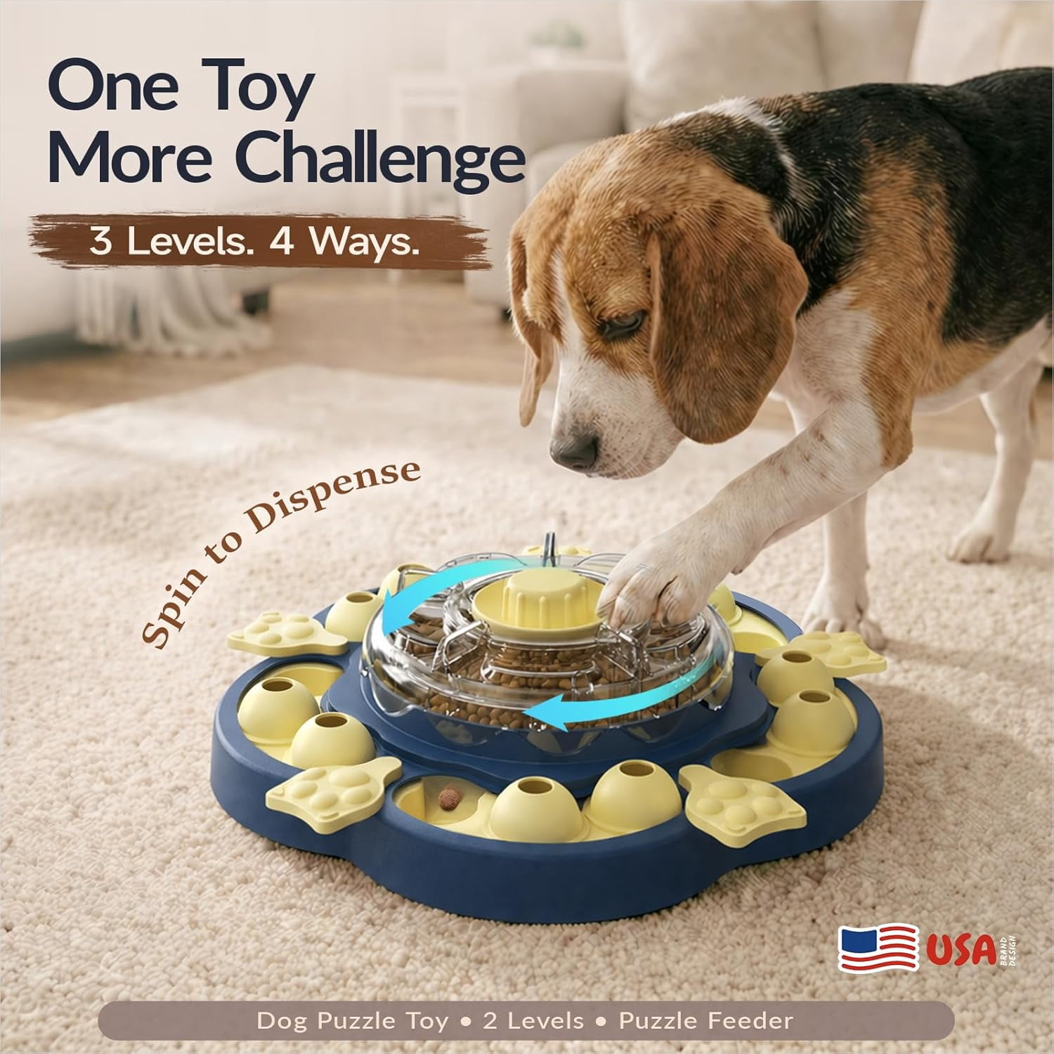 Dog Puzzle Toy, 3 Levels of Step-by-Step Challenge, Spin-to-Release Treat Dispenser, Slow Feeder & Mental Stimulation Enrichment Toy for Small Medium Large Dogs