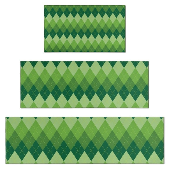 Green Argyle Pattern Kitchen Rugs Sets Of 3,Kitchen Runner Rugs Non Skid Washable,Decorative Kitchen Floor Mats for Kitchen,Sink,Laundry,17"x30"  17"x47"   17"x59"