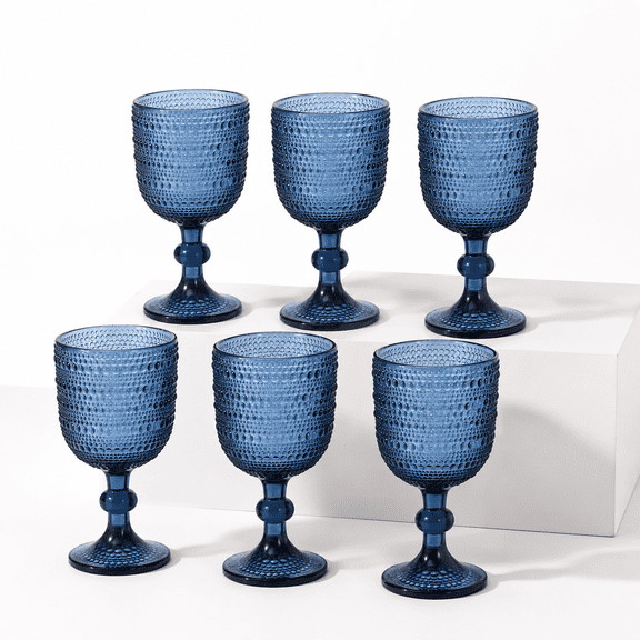 Blue 12 Ounce Glassware Set of 6, Stemmed Wine Water Goblets for Wedding Party Bar