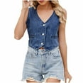 thumbnail image 2 of Fanxing Women’s Denim Vest Washed V Neck Suit Crop Tops Sleeveless Y2K Button Jean Jakcet Summer Outfits Dark Blue S, 2 of 6