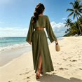 thumbnail image 5 of Womens Matching Sets Summer 2 Piece Beach Vacation Outfits Long Sleeve Crop Top High Slit Maxi Skirt Set Resort Wear, 5 of 6