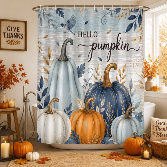 Hello Pumpkin Fall Shower Curtains for Bathroom, Orange Thanksgiving Botanical Blue Grey Waterproof Fabric Shower Curtain, Decorative Bathroom Curtain for Bathtub, 72"x72", No Hooks Included