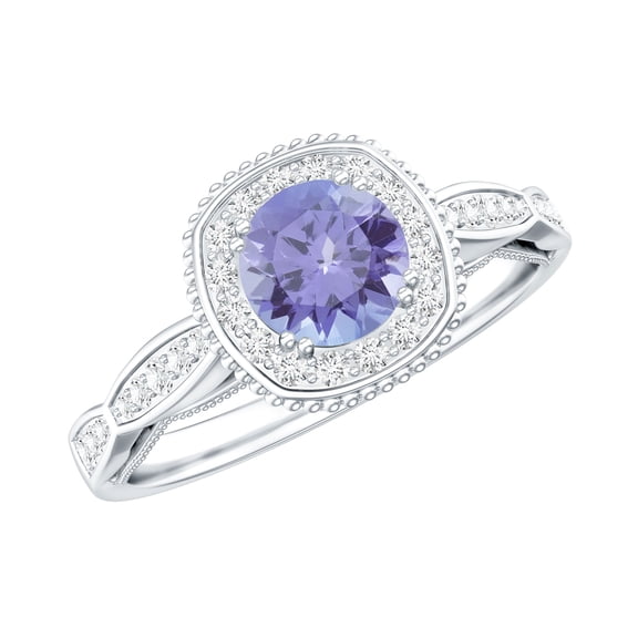 Rosec Jewels Tanzanite Halo Engagement Ring with Diamond - 0.5 Ct - Vintage Inspired Ring for Women - AAA Quality Certified, 925 Sterling Silver, US 4.00