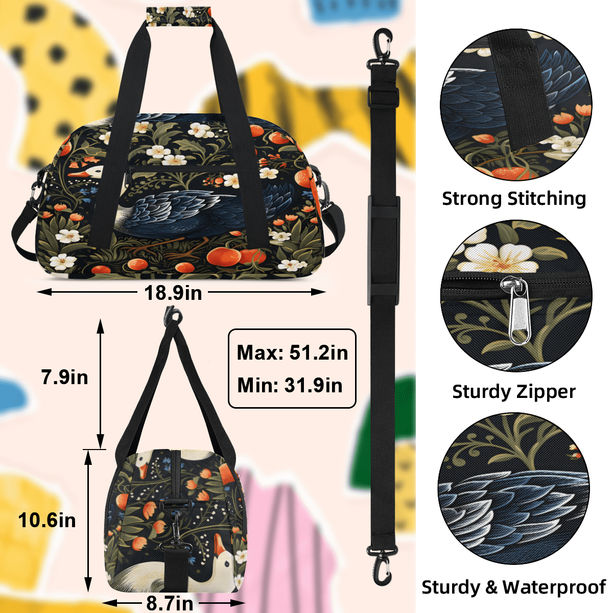 Herdesigns Farmhouse Floral Birds Sports Duffle Bag for Women & Men, Vintage Flower Leaf Plant Gym Bag Dance Bag Overnight Bag Carry On Weekender Travel Bag