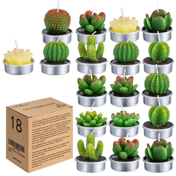 Velas tipo candelita COCOMOON, cactus, suculentas artificiales, 18 unidades