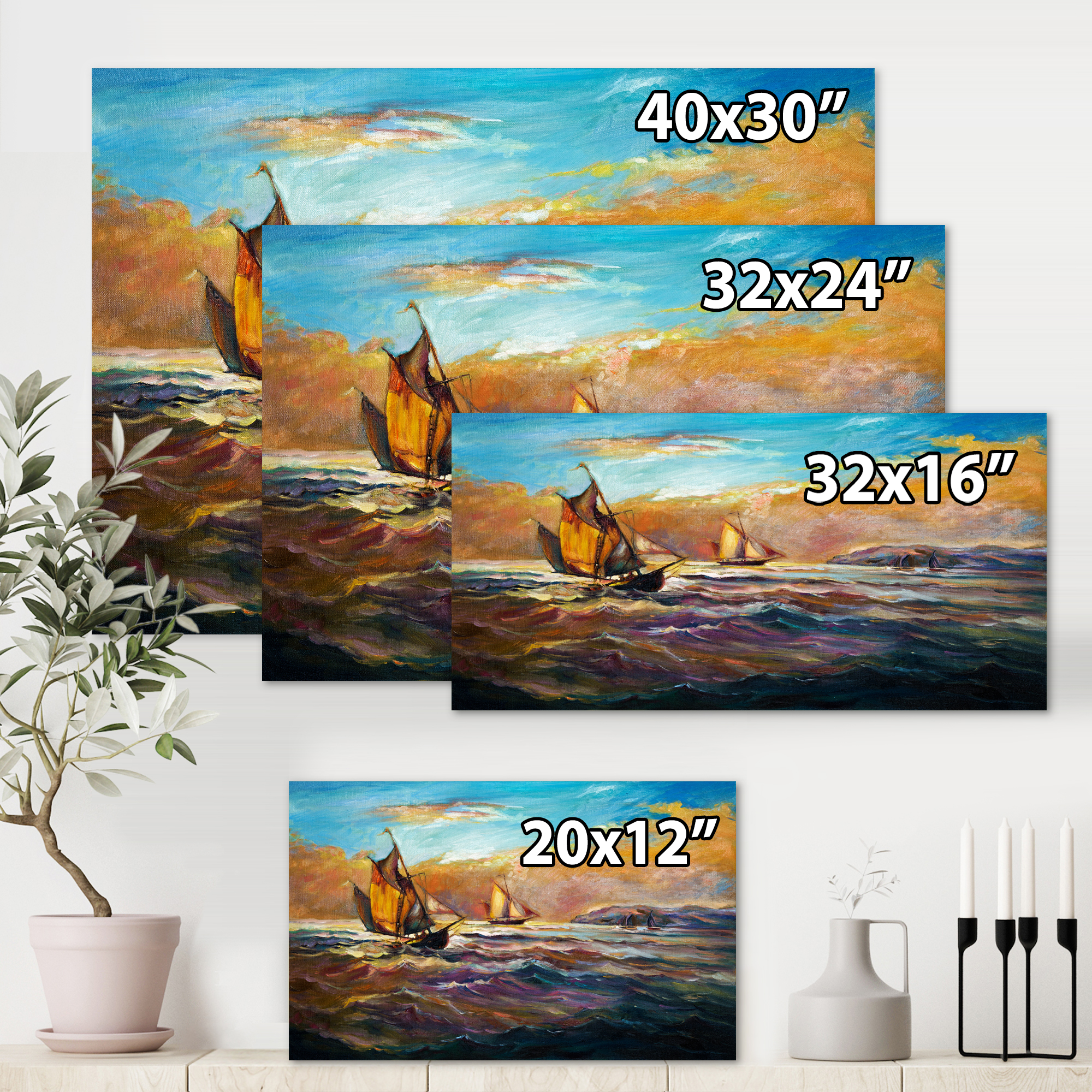 Designart ' Boats During Evening Sunset In The Ocean II ' Nautical & Coastal Canvas Wall Art Print