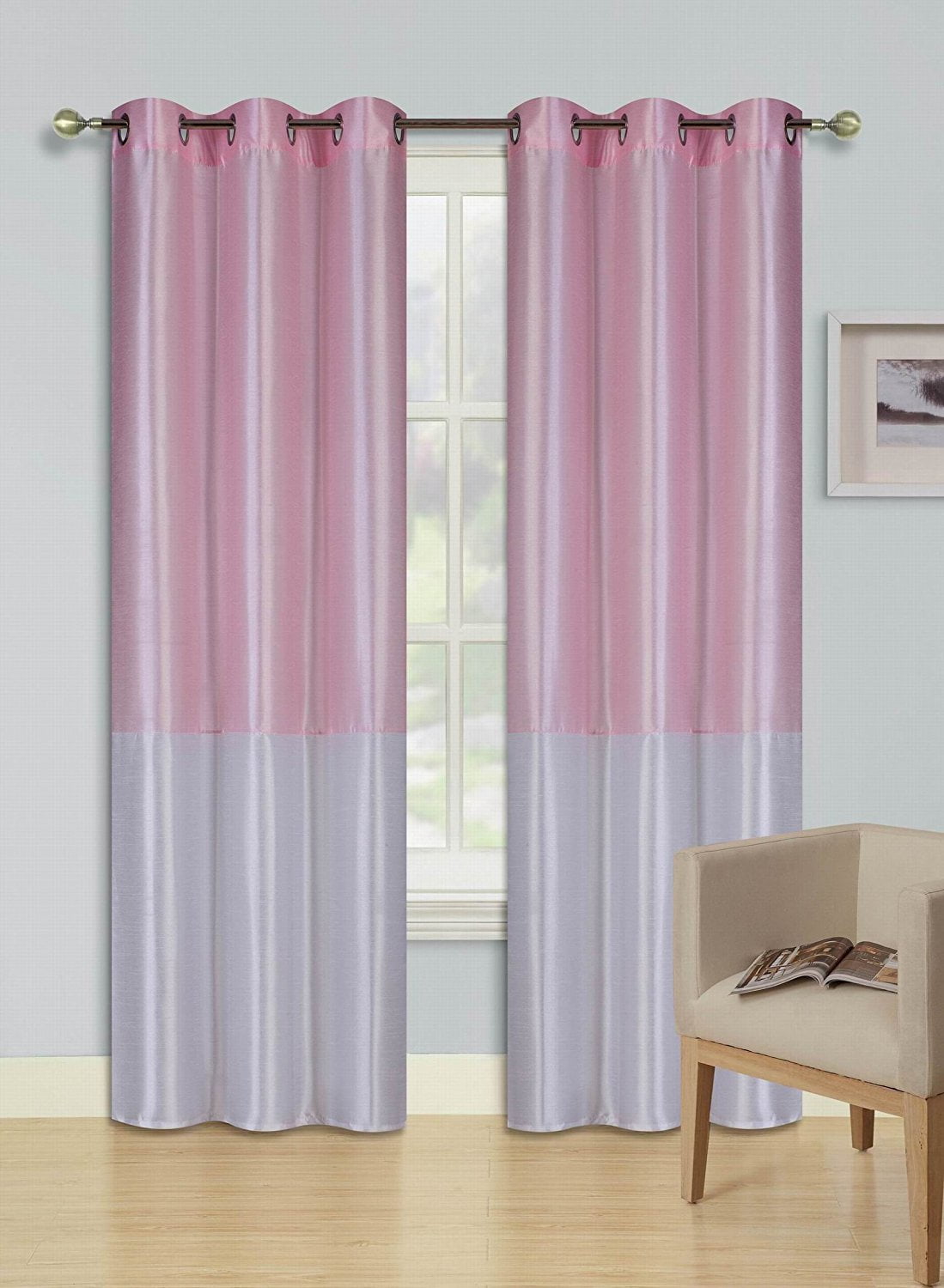 PINK WHITE 1 SILKY 2 TONE SOLID GROMMET FAUX  SILK WINDOW CURTAIN PANEL HEIDI H 