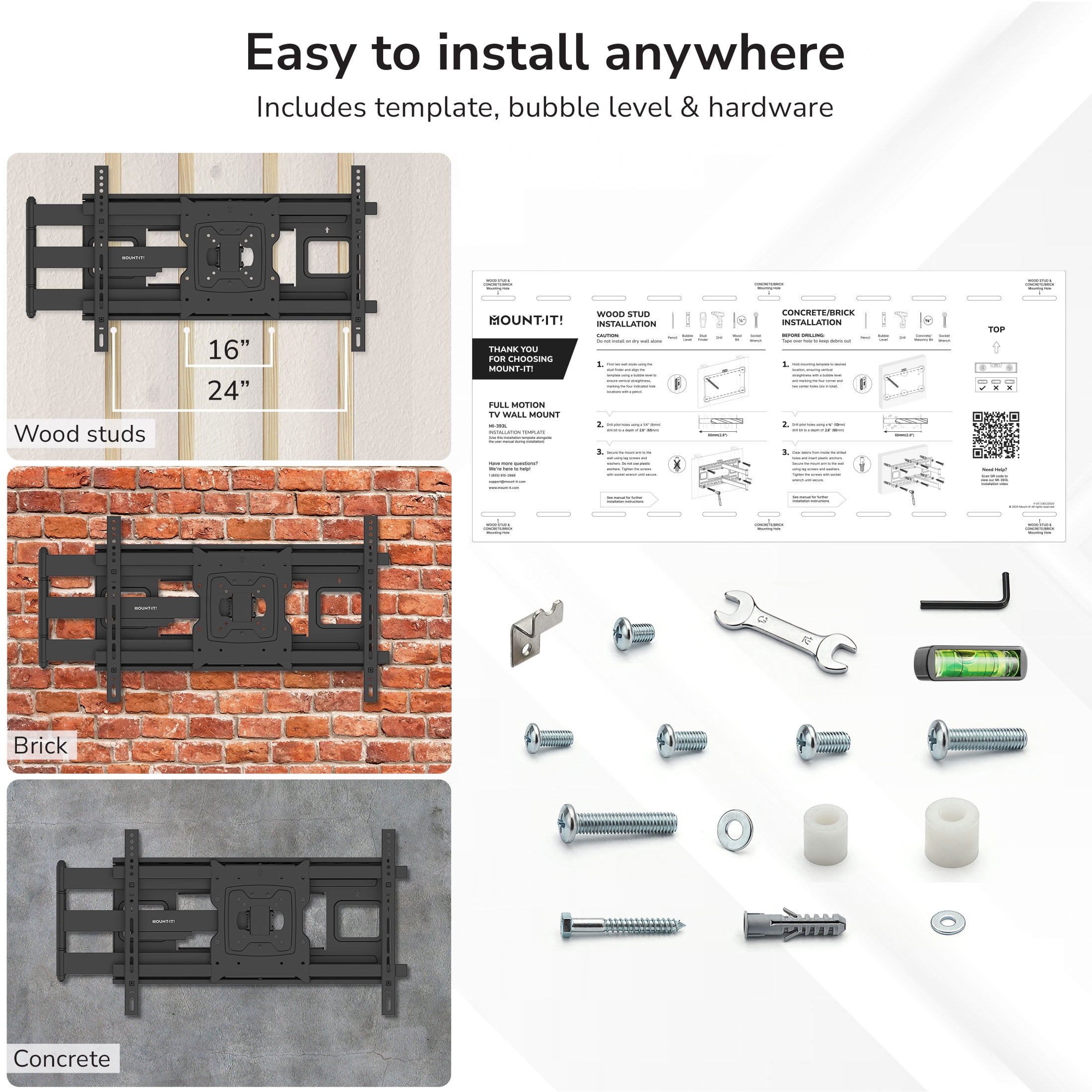 Mount-It! Full-Motion TV Wall Mount with 40" Extension for 32" to 90" TVs Capacity 110 lbs., Heavy Duty, Lifetime Warranty