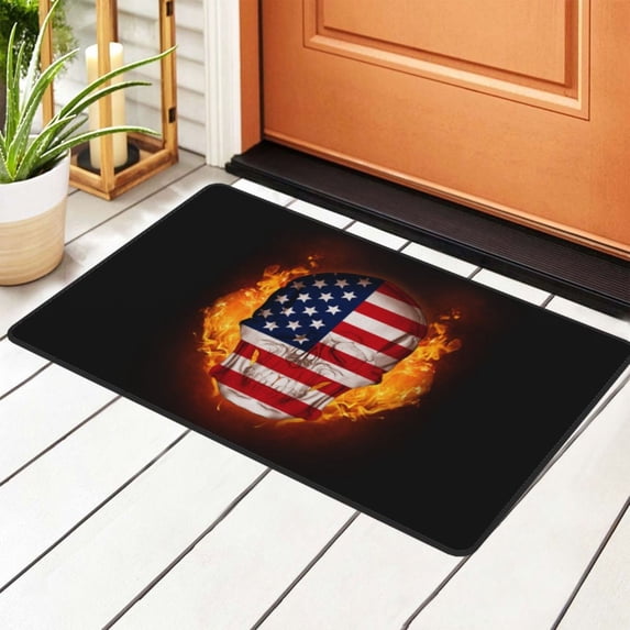 American Flag Flame Skull Rugs Doormat, Non-Slip Machine Washable Carpets Floor Door Mat , 36" x 24"