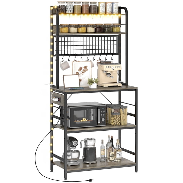 CoSoTower Kitchen Baker's Rack with Power Outlet and LED Light, 5-Tier Coffee Bar Station with 10 Hooks, Grey