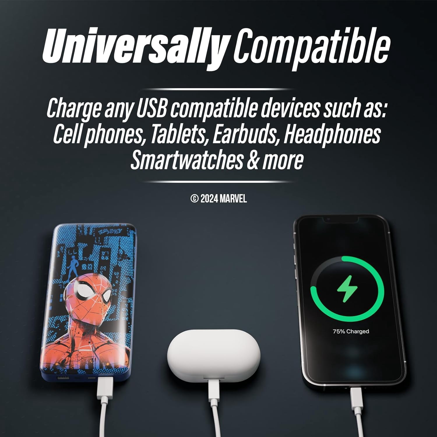 Marvel Spider-Man 10,000mAh Power Bank, Portable Charger with USB Port, Compatible with Most Devices
