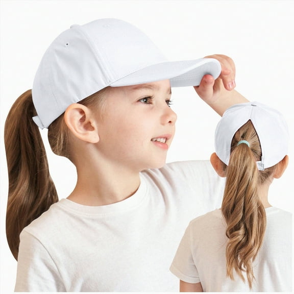KPOPLK Kids Baseball Hat With Visor and Ponytail Hole - Sun Protection Cotton Beach Hat for Little Girls and Children(2-8 Years,White)