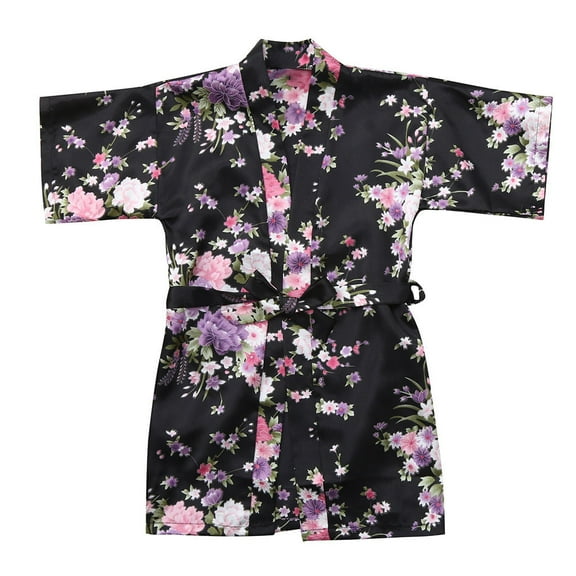 TAIAOJING Kids Girl's Satin Silky Kimono Robe for Spa Toddler Baby Floral Silk Satin Kimono Robes Bathrobe Sleepwear Coat 7-8 Years