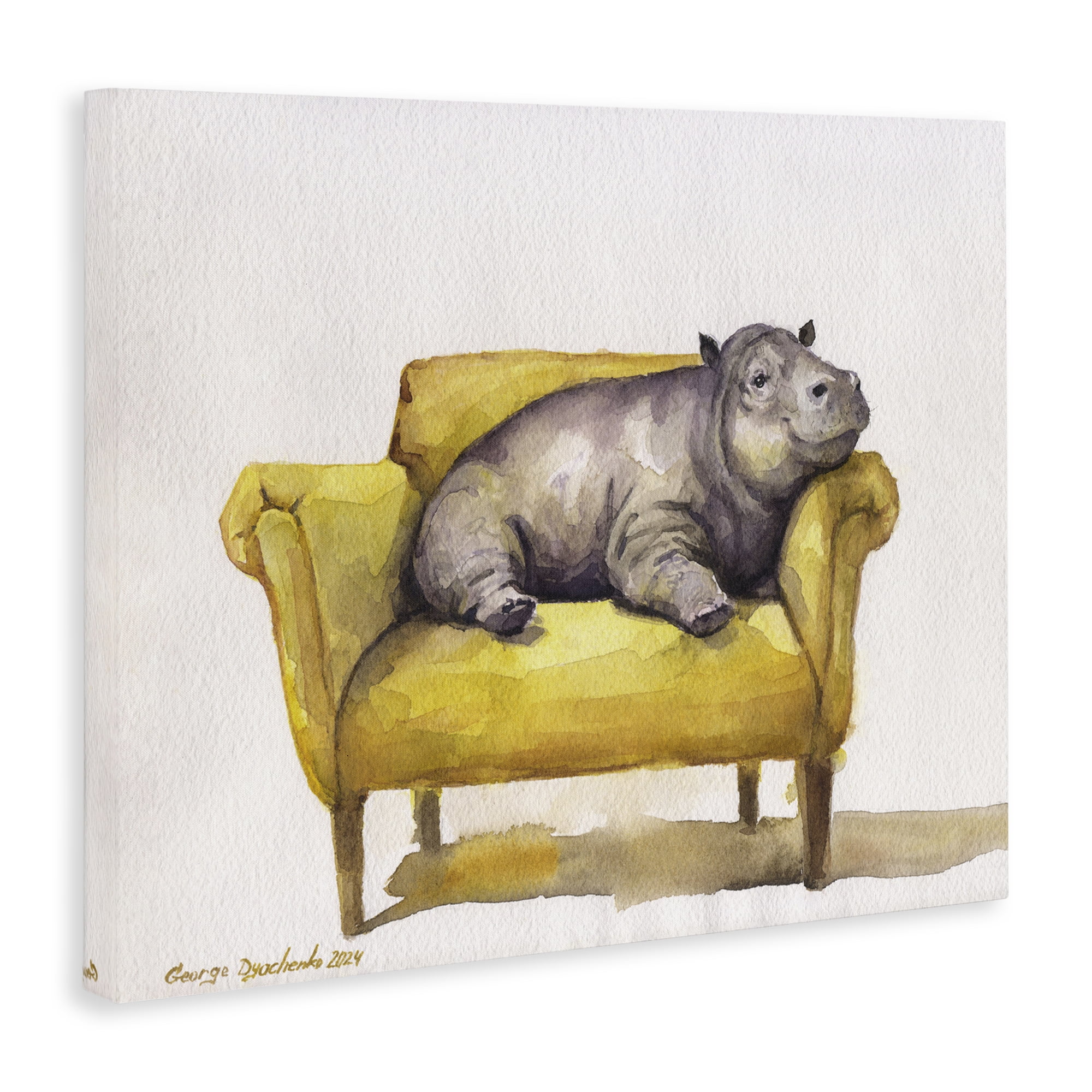 Stupell Industries Hippo on Yellow Chair Animals Painting Wrapped Canvas Art Print Wall Art, 20 x 16