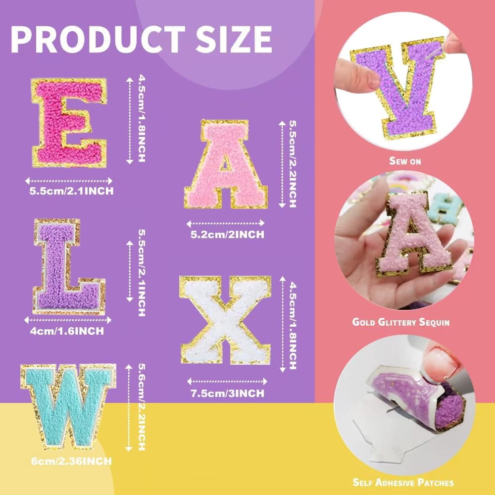 52Pcs Self Adhesive Chenille Patches for DIY Clothing, A-Z Alphabet Applique Patches Stick on Letters Glitter Chenille Patches Sticker for Clothing, Makeup Hats, Bags, Backpacks, laptops