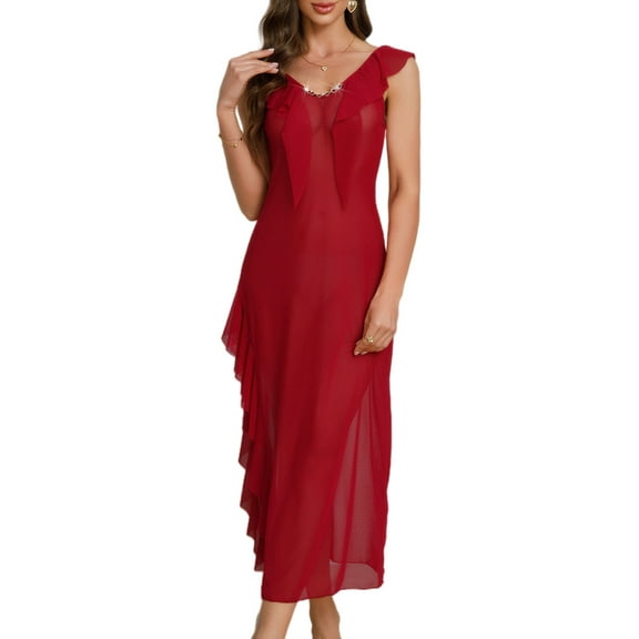 Ausing Nightgown for Women Long Lace Mesh Babydoll Chemise Sexy Nightdress See Through V Neck Exotic Sleepwear Burgundy S