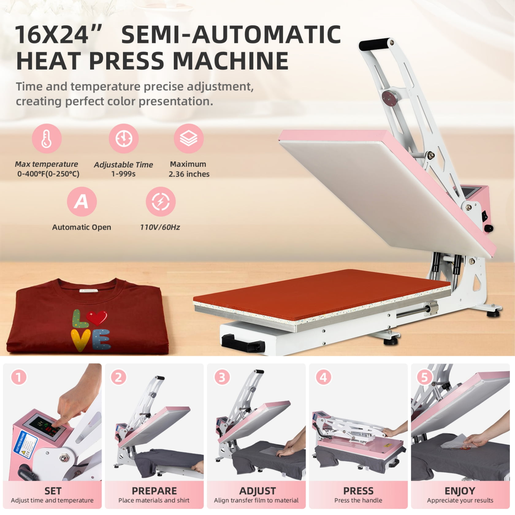 16”x24” Heat Press Machine, Semi-Auto, for T Shirts, Garments, Bags, Textiles, Curtains, Perfect for POD & Home DIY & Business Customization